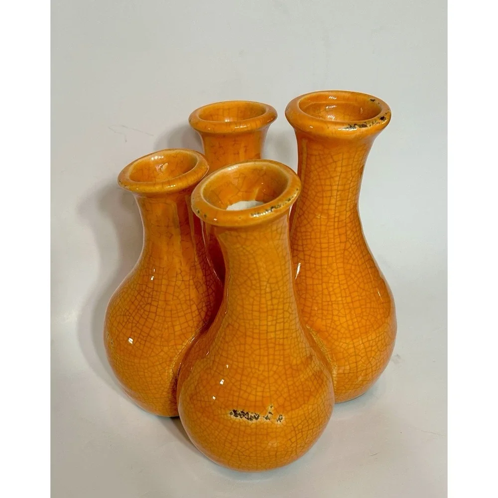 Vintage 70s Bud Vase Crackled Orange Glaze Ceramic 4 Chamber MCM Decor 7x6.5